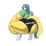  absurd_res anthro blue_hair bottomwear butt cellulite clothing crouching female footwear green_eyes hair hi_res hotpants long_hair looking_at_viewer lumieart mama-michii_(truemac) obese obese_anthro obese_female overweight overweight_anthro overweight_female shorts slightly_chubby smug socks solo tight_clothing 
