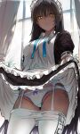  1girl apron bangs black_hair blue_archive blue_ribbon blush breasts closed_mouth dark_skin dark_skinned_female dress dress_lift garter_belt gloves groin hair_between_eyes hews highres indoors karin_(blue_archive) large_breasts long_hair looking_at_viewer maid_headdress panties pantyhose pantyhose_pull puffy_short_sleeves puffy_sleeves ribbon short_sleeves thighs underwear white_apron white_gloves white_legwear white_panties window yellow_eyes 