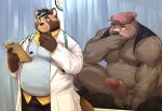  2021 anthro balls blush bodily_fluids bottomwear brown_body brown_fur canid canine censored clothing detailed_background doctor duo erection fur genitals hat headgear headwear humanoid_hands kemono male mammal medical_instrument musclegut overweight overweight_male pants penis raccoon_dog scientific_instrument shirt solo sweat tanuki topwear uken_l ursid 