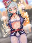  1girl alice_gear_aegis blue_hair breasts commentary_request doyouwantto green_eyes japanese_clothes looking_at_viewer mecha_musume navel ochanomizu_mirie open_mouth sarashi signature small_breasts solo steaming_body sweat translation_request 