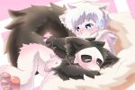  ambiguous_gender anthro black_body black_fur blue_eyes blush canid canine canis changed_(video_game) cuddling duo eyes_closed fur hi_res hug lin_(changed) lying male male/ambiguous mammal mavel on_front pawpads paws pink_background puro_(changed) simple_background white_background white_body white_fur wolf 
