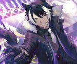  1boy animal_ears black_hair gloves hair_between_eyes holostars jackal_ears jacket kageyama_shien looking_at_viewer male_focus multicolored_hair namakawa necktie one_eye_closed open_mouth pointing pointing_at_viewer purple_eyes short_hair smile streaked_hair virtual_youtuber white_hair yellow_eyes 