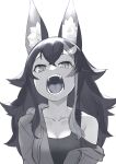  1girl absurdres alternate_costume animal_ear_fluff animal_ears bangs black_hair breasts cleavage fangs greyscale highres hololive hood hoodie monochrome multicolored_hair off_shoulder ookami_mio open_mouth solo streaked_hair tank_top virtual_youtuber wolf_ears wolf_girl yamabuki7979 