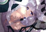  1girl azur_lane bangs blue_eyes blunt_bangs breasts chair cleavage dappled_sunlight day detached_collar downblouse dress elbow_gloves eyebrows_visible_through_hair from_above gloves illustrious_(azur_lane) large_breasts long_hair looking_at_viewer looking_up low_twintails outdoors own_hands_together parted_lips plate silver_hair sitting smile solo strapless strapless_dress sunlight table thighhighs twintails very_long_hair wee_(weeyy) white_dress white_gloves white_headwear white_legwear 