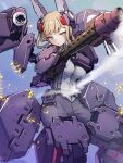  1girl alice_gear_aegis belt blonde_hair breasts closed_mouth commentary_request doyouwantto grey_eyes grey_pants grey_shirt gun holding holding_gun holding_weapon large_breasts looking_at_viewer mecha_musume pants pouch rita_henschel shirt signature solo sparks weapon 