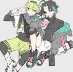  2boys aether_(genshin_impact) ahoge alternate_costume backwards_hat bag bangs baseball_cap black_hair black_sweater cellphone cup drinking_straw eyebrows_visible_through_hair facial_mark forehead_mark genshin_impact green_eyes green_hair green_nails green_shorts grey_background hair_between_eyes hat highres holding holding_cup holding_phone honeymilk0252 jacket jewelry male_focus multicolored_hair multiple_boys nail_polish necklace open_mouth open_toe_shoes phone ring shoes shorts simple_background sitting smartphone smile sneakers socks sweater toenail_polish turtleneck turtleneck_sweater v watch white_legwear white_shorts wristwatch xiao_(genshin_impact) 