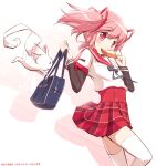  1girl bag bread breasts chauke contrapposto creature dot_nose eyebrows_visible_through_hair feet_out_of_frame food food_in_mouth hair_ribbon hand_to_own_mouth hand_up holding holding_bag holding_food kamihama_university_affiliated_school_uniform kaname_madoka kyubey light_blush light_smile long_sleeves looking_at_viewer mahou_shoujo_madoka_magica mouth_hold neck_ribbon pink_eyes pink_hair plaid plaid_skirt pleated_skirt red_sailor_collar red_skirt ribbon sailor_collar school_bag school_uniform shiny shiny_hair short_over_long_sleeves short_sleeves simple_background skirt small_breasts solo tareme thighhighs toast toast_in_mouth twintails uniform white_background white_legwear zettai_ryouiki 