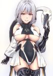  1girl alternate_costume bangs bare_shoulders breasts collarbone covered_navel eyebrows_visible_through_hair girls_frontline large_breasts lips looking_at_viewer mechanical_arms medium_hair paradeus purple_eyes rpk-16_(girls_frontline) silver_hair smile solo tagme white_background xlscaler 