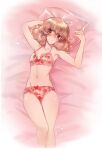  1girl blush breasts brown_eyes drawfag fire_emblem fire_emblem_echoes:_shadows_of_valentia genny_(fire_emblem) highres lingerie looking_to_the_side lying on_back on_bed pillow pink_hair small_breasts solo thighs underwear 