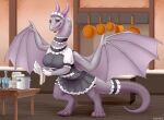  anthro breasts clothed clothing colarix digitigrade dragon female horn kitchen long_neck maid_uniform membrane_(anatomy) membranous_wings non-mammal_breasts open_mouth pots red_eyes scalie smile solo teeth uniform washing_dishes wings 