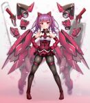  1girl alice_gear_aegis bare_shoulders black_legwear breasts closed_mouth commentary_request doyagao doyouwantto dress fake_tail floating floating_object floating_weapon gun hands_on_hips ichijou_ayaka looking_at_viewer mecha_musume pantyhose pink_hair red_dress red_eyes signature skindentation small_breasts smug solo tail weapon 