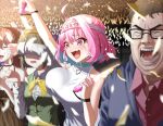  1boy 3girls arm_up bangs bare_shoulders black-framed_eyewear blue_hair bouncing_breasts breasts closed_eyes collared_shirt commentary covering_eyes crying crying_with_eyes_open double_chin dress dress_shirt fang glasses glowstick green_hair green_vest hair_between_eyes hairband hand_up headband heart highres idolmaster idolmaster_(classic) idolmaster_cinderella_girls large_breasts long_sleeves multicolored_hair multiple_girls neck_ribbon open_mouth otonashi_kotori pink_hair pumpkin_king red_shirt ribbon shirt short_hair skin_fang symbol_commentary tears teeth tongue two-tone_hair unaligned_breasts upper_body vest white_dress white_shirt yellow_hairband yellow_ribbon yumemi_riamu 