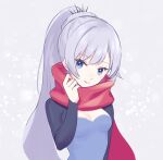  1girl bangs blue_eyes breasts cleavage earrings eyebrows_visible_through_hair grey_background highres jewelry long_hair long_sleeves looking_at_viewer maguro_(guromaguro) parted_lips ponytail red_scarf rwby scar scar_across_eye scarf shiny shiny_hair shrug_(clothing) silver_hair small_breasts smile solo upper_body very_long_hair weiss_schnee 