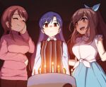  3girls :&lt; bangs birthday birthday_cake blue_hair blush bow breast_envy breasts brown_eyes brown_hair cake candle closed_eyes collared_shirt eyebrows_visible_through_hair flat_chest food frilled_shirt frills hair_bow hair_tie highres idolmaster idolmaster_(classic) idolmaster_cinderella_girls idolmaster_shiny_colors kisaragi_chihaya large_breasts long_hair long_skirt looking_at_another looking_at_object mifune_miyu multiple_girls pants ponytail red_hair shirt skirt sleeveless sleeveless_shirt smile sweater sweater_vest takiki tied_shirt trait_connection tsukioka_kogane turtleneck turtleneck_sweater twintails 