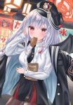 1girl blue_archive blush braid breasts commentary_request demon_wings food food_in_mouth food_stand haruna_(blue_archive) hat highres jacket lamp long_hair military military_hat military_uniform red_eyes side_braid silver_hair solo taiyaki uniform wagashi wings 