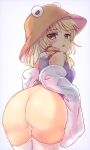  1girl :o ass bar_censor bare_shoulders blonde_hair blush breasts brown_headwear censored commentary_request commission cowboy_shot detached_sleeves eyebrows_visible_through_hair hair_tubes hat highres looking_at_viewer looking_back medium_hair moriya_suwako purple_vest pyonta ramudia_(lamyun) sidelocks simple_background skeb_commission small_breasts solo thighhighs touhou vest white_background white_legwear white_sleeves yellow_eyes 