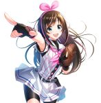  1girl :d baseball_mitt bike_shorts black_gloves black_shorts blue_eyes bow bow_hairband brown_hair collared_shirt cowboy_shot fingerless_gloves floating_hair gloves hachigatsu_no_cinderella_nine hair_bow hairband highlights highres index_finger_raised kizuna_ai kizuna_ai_inc. long_hair looking_at_viewer miniskirt multicolored_hair nyanmaru open_mouth outstretched_arm pink_bow pink_hairband pink_neckwear plaid plaid_skirt sailor_collar sailor_shirt shiny shiny_hair shirt short_shorts short_sleeves shorts shorts_under_skirt simple_background skirt smile solo standing striped striped_shirt vertical-striped_shirt vertical_stripes very_long_hair virtual_youtuber white_background white_shirt white_skirt 