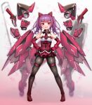  1girl alice_gear_aegis bare_shoulders black_legwear breasts commentary_request doyagao doyouwantto dress fake_tail floating floating_object floating_weapon gun hands_on_hips highres ichijou_ayaka looking_at_viewer mecha_musume open_mouth pantyhose pink_hair red_dress red_eyes signature skindentation small_breasts smug solo tail weapon 