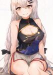  1girl absurdres bangs bare_shoulders black_ribbon breasts brown_eyes china_dress chinese_clothes cleavage closed_mouth dress eyebrows_visible_through_hair girls_frontline grey_hair hair_ribbon highres long_hair looking_at_viewer medium_breasts muteppona_hito ribbon shorts sitting sitting_on_object smile solo_focus svd_(girls_frontline) thighs white_background white_shorts 