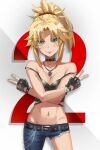 1girl bangs blonde_hair blush braid breasts fate/apocrypha fate_(series) french_braid green_eyes hair_ornament hair_scrunchie long_hair looking_at_viewer mordred_(fate) mordred_(fate)_(all) parted_bangs ponytail scrunchie sidelocks small_breasts smile tonee 