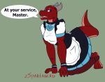  absurd_res anthro apron bow_tie clothing countershading dialogue dragon female hi_res horn humanoid legwear maid_uniform on_hands_and_knees purple_eyes raised_tail red_body scalie simple_background smile solo speech_bubble stockings teeth_showing toe_curl uniform zspartancats 