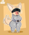  3_toes abstract_background absurd_res afterimage aggressive_retsuko anthro barefoot big_breasts big_ears blush bodily_fluids breasts brown_background canid canine clothing controller feet female fennec fenneko flying_sweatdrops fox full-length_portrait fur game_controller gaming grey_clothing headgear hi_res hindpaw holding_object hoodie lobokosmico mammal motion_lines open_mouth outline paws playing_videogame portrait sanrio short_stack signature simple_background smile standing sweat sweatdrop sweatpants tailwag tan_body tan_fur thick_thighs toes topwear tron_lines virtual_reality vr_headset white_outline 