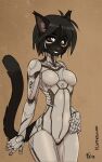  2019 android anthro battle_angel_alita black_body black_fur black_hair breasts brown_eyes domestic_cat featureless_breasts featureless_crotch felid feline felis female fluff-kevlar fur hair machine mammal robot simple_background solo 