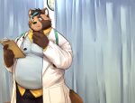  2021 anthro bottomwear brown_body brown_fur canid canine clothing detailed_background doctor fur humanoid_hands kemono male mammal medical_instrument overweight overweight_male pants raccoon_dog scientific_instrument shirt tanuki topwear uken_l 