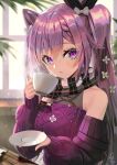  1girl :o bangs bare_shoulders black_ribbon blush bow braid cup double_bun eyebrows_visible_through_hair genshin_impact hair_bow hair_ornament hair_ribbon holding holding_cup holding_plate indoors keqing_(genshin_impact) long_hair long_sleeves looking_at_viewer parted_lips plate purple_eyes purple_hair ribbon scarf sidelocks signature solo sweater twintails upper_body white_bow window yamahara 