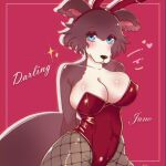  anthro beastars big_breasts blue_eyes blush breasts bunny_ears_(cosmetic) canid canine canis cleavage clothed clothing eyelashes eyeshadow female fishnet fluffy fluffy_tail hi_res juno_(beastars) looking_at_viewer makeup mammal playboy_bunny pochita solo tight_clothing wide_hips wolf 