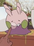  blurry chatea closed_eyes commentary_request dark_skin gen_6_pokemon goomy greenhouse highres indoors korean_commentary mouth_drool nose_bubble plant pokemon pokemon_(creature) poking potted_plant sleeping slime_(substance) 