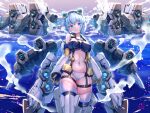  1girl alice_gear_aegis blue_eyes blue_hair blue_shirt breasts commentary_request covered_nipples doyouwantto exhaust large_breasts mecha_musume navel nina_kalinina pants shirt shorts signature skindentation solo steam white_legwear white_pants 