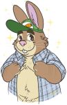  2021 anthro barely_visible_genitalia barely_visible_penis brown_body brown_fur clothed clothing disney fur genitals hat headgear headwear hi_res lagomorph leporid male mammal open_clothing open_shirt open_topwear overweight overweight_anthro overweight_male penis pink_nose rabbit shirt solo stu_hopps tbid topwear zootopia 