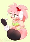  accessory amy_rose anthro blush bra breasts clothing female gloves hair_accessory hair_bow hair_ribbon handwear higgyy legwear midriff mirror navel panties ribbons solo sonic_the_hedgehog_(series) thick_thighs thigh_highs underwear 