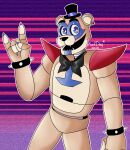  2020 abstract_background animatronic anthro black_nose blue_body blue_eyes bodypaint bow_tie bracelet claws clothing face_paint fangs featureless_crotch five_nights_at_freddy&#039;s five_nights_at_freddy&#039;s:_security_breach glamrock_freddy_(fnaf) hand-horns hat headgear headwear hi_res jewelry katdaykatz looking_at_viewer machine male mammal multicolored_body multicolored_ears open_mouth portrait pose purple_background red_background robot round_ears sharp_claws sharp_teeth short_ears shoulder_guards simple_background smile solo spiked_bracelet spikes standing star tan_body tan_ears teeth top_hat two_tone_body two_tone_ears ursid video_games 
