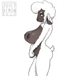  anthro big_breasts bovid breasts caprine dark_body dark_skin domestic_sheep eyelashes female freckles fur hair half-closed_eyes hi_res holly_(character) juicydemon looking_aside mammal narrowed_eyes nipples nude sheep short_tail side_view smile solo standing white_body white_fur white_hair wool_(fur) 