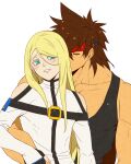  2boys androgynous bare_shoulders belt_buckle blonde_hair blue_eyes blush brown_hair buckle closed_eyes commentary_request guilty_gear hand_on_hip kiss ky_kiske long_hair male_focus multiple_boys muscular muscular_male pale_skin shirt simple_background sleeveless sleeveless_shirt sol_badguy tan yaoi yumeoti 