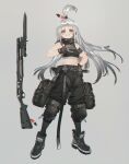  1girl armband bayonet belt belt_pouch boots facial_mark feathers full_body gloves grey_background grin gun hand_on_hip headset highres knee_pads long_hair midriff miv4t original pouch red_eyes shotgun silver_hair smile snap-fit_buckle solo thigh_pouch watch weapon wristwatch 