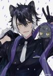  1boy :d animal_ears animal_on_shoulder black_coat black_gloves black_hair black_shirt blush coat collared_shirt confetti fangs gloves hair_between_eyes highres holostars jackal_ears kageyama_shien looking_at_viewer male_focus multicolored_hair necktie open_mouth riri_zuran shirt short_hair smile streaked_hair upper_body v virtual_youtuber white_hair yellow_eyes 