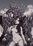  1girl black_hair breasts bug couple creature deformed extra_arms fly greyscale highres insect long_hair long_legs looking_at_viewer monochrome monster monsterification nude original pipe small_breasts small_nipples 