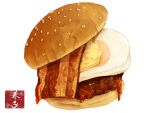  bacon bread_bun egg food food_focus fried_egg hamburger highres kaneko_ryou meat no_humans original pastry sesame_seeds simple_background still_life translation_request white_background 