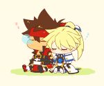  2boys blonde_hair brown_hair chibi guilty_gear guilty_gear_xrd holding_hands ky_kiske long_hair multiple_boys ponytail sleeping sol_badguy yaoi yumeoti zzz 