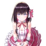  1girl 3d azki_(hololive) bangs bare_shoulders black_hair blush blush_stickers breasts chuukarudoruhu cleavage colored_inner_hair detached_collar dress gloves hair_ornament highres hololive looking_at_viewer multicolored_hair purple_eyes short_hair simple_background smile solo teeth virtual_youtuber white_background wrist_cuffs 
