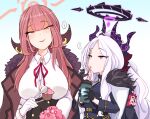  ... 2girls aru_(blue_archive) belt black_gloves blue_archive breasts coat coat_on_shoulders drinking drinking_straw food fur_trim gloves hair_ornament hairclip halo hina_(blue_archive) horns large_breasts long_hair muffin multiple_girls pink_hair purple_eyes ro_(aahnn) spoken_ellipsis tongs very_long_hair white_gloves white_hair 
