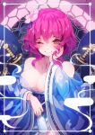  1girl bare_shoulders blue_kimono bottle breasts chiroru_(cheese-roll) cleavage eyebrows_visible_through_hair flower hair_flower hair_ornament highres japanese_clothes jewelry katana kimono large_breasts long_sleeves looking_at_viewer one_eye_closed pink_flower pink_hair red_eyes ring saigyouji_yuyuko short_hair smile solo sword touhou weapon 