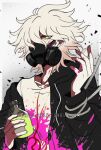  1boy bangs black_coat blood bloody_clothes bloody_hands bottle coat criis-chan danganronpa_(series) danganronpa_2:_goodbye_despair gas_mask gradient gradient_background hand_up holding holding_bottle komaeda_nagito long_sleeves looking_at_viewer male_focus messy_hair nail_polish off_shoulder pink_blood print_shirt red_nails rope shirt solo upper_body yellow_eyes 