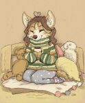  2020 anthro bed bottomwear brown_body brown_fur brown_hair canid canine canis clothed clothing cup eyes_closed footwear fully_clothed fur furniture hair hi_res holding_cup holding_object mammal on_bed pants plushie socks solo sweater topwear wolf yshanii 