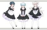  3boys :d ahoge alternate_costume black_dress black_footwear blue_hair blush chieezuik chongyun_(genshin_impact) commentary_request crossdressing detached_collar dress dress_lift embarrassed enmaided expressionless eyebrows_visible_through_hair full_body genshin_impact highres leather light_blue_hair long_hair long_sleeves maid maid_headdress male_focus messy_hair multiple_boys open_mouth orange_eyes otoko_no_ko razor_(genshin_impact) short_hair smile sweat white_hair white_legwear xingqiu_(genshin_impact) yellow_eyes 