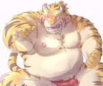  2021 anthro asian_clothing belly blush bulge clothing east_asian_clothing felid fundoshi hi_res humanoid_hands japanese_clothing kemono male mammal meimei_kia moobs nipples overweight overweight_anthro overweight_male pantherine simple_background sitting solo tiger underwear white_background 