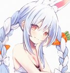  1girl animal_ears bangs bare_shoulders blue_hair bow braid breasts bunny_ears carrot cleavage closed_mouth collarbone eyebrows_visible_through_hair hair_between_eyes hair_bow hand_on_own_face hands_up highres hikimayu hololive huge_filesize long_hair looking_at_viewer medium_breasts pikao sidelocks sleeveless smile solo twin_braids upper_body usada_pekora virtual_youtuber white_background 